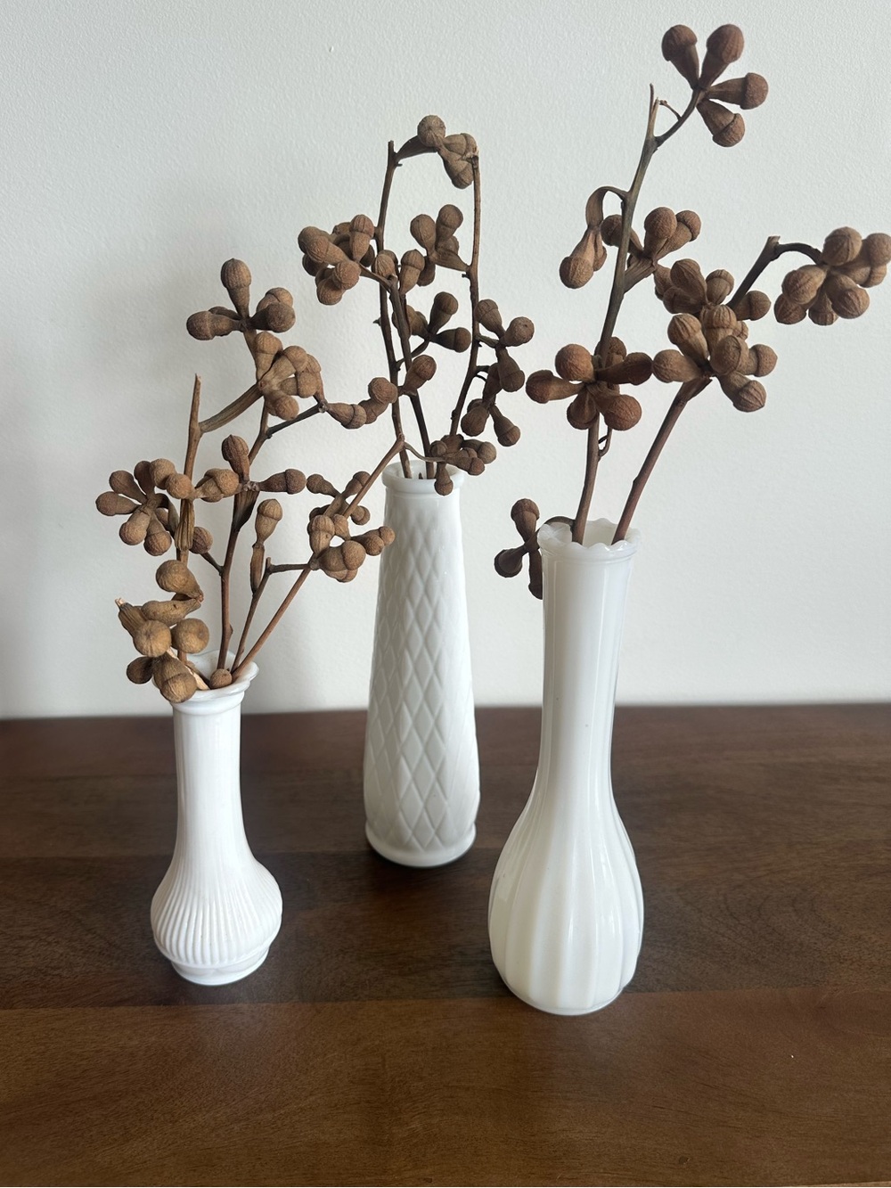 Set of 3 Contrasting Vintage White Milk Glass Bud Vases